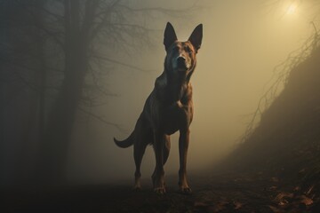 Poster - A dog standing in the middle of a foggy forest. Suitable for nature-themed projects or mysterious atmospheres.