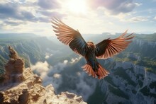 A Majestic Bird Soaring Through The Sky Above A Picturesque Mountain Peak. Perfect For Nature And Adventure Themed Projects.