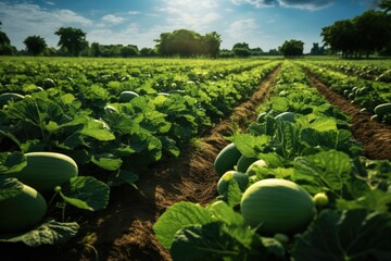 Poster - A vibrant field of watermelons basking in the sun. Perfect for summertime themes and healthy eating concepts.