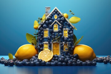 Poster - A house made out of blueberries and lemons. This unique and colorful structure can be used to represent creativity, imagination, and the concept of 