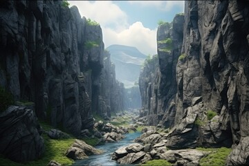 Poster - A picturesque river runs through a rocky canyon, surrounded by a beautiful forest. This image can be used to depict the serene beauty of nature and the harmony between water and land.