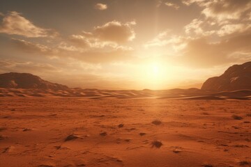 Poster - A captivating image of the sun setting over a vast desert landscape. Perfect for adding a sense of tranquility and natural beauty to any project.