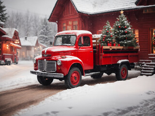 Festive red vintage truck laden with Christmas gifts and pine trees for decorating, driving through a winter snow, a greeting card design with copy space