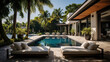 luxurious house features a stunning waterfront pool and a modern exterior design.