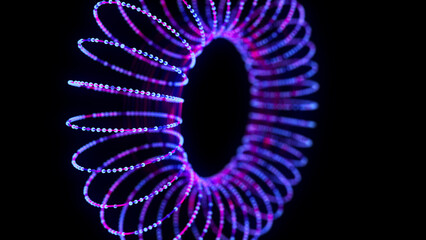 Poster - Abstract blue torus on black background. Wireframe circle structure with glowing particles and lines. Futuristic digital illustration. 3D rendering.