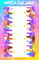 Poster - Match half of cartoon ice cream, kids game worksheet with chocolate sticks and vanilla cones, vector puzzle quiz. Find and match suitable half picture of sweet frozen desserts, icecream and gelato