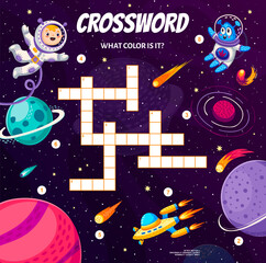 Aufkleber - Crossword quiz game, cartoon starry galaxy, space planets and characters, vector worksheet. Kid spaceman or astronaut with alien UFO and spaceship rocket on crossword quiz game to guess word of space