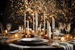 an elegant dining table set for a New Year's Eve dinner party, complete with candles and sparkling tableware.
