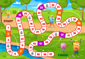 Leinwandbilder - Kids board game, cartoon vitamins sportsman characters, vector worksheet. Step board game, chlorine on sport jogging, magnesium with gym dumbbells and selenium on start and finish dice race game