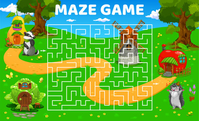 Poster - Labyrinth maze game with fairytale cartoon buildings and animals. Kids vector worksheet with happy badger and hedgehog characters in fantasy forest town with houses windmill, pear, cabbage and apple