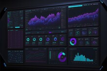 Flat View Of A Futristic Trading Platform Dashboard Neon Colours Blue And Purple Accents Dark 