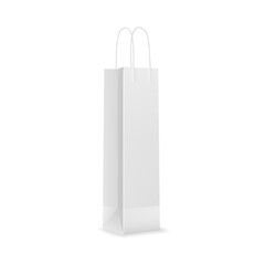 Wall Mural - White paper narrow shopping bag with handle mockup. Shop paper bag, store purchase packaging or isolated retail shopping paperbag realistic vector mockup. Boutique cardboard packet 3d design template