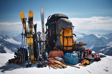 Winter Wonderland, Close-up of Ski Equipment atop a Snowy Mountain