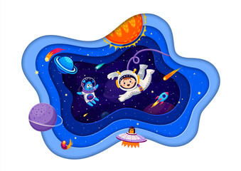 Poster - Space paper cut. Cartoon astronaut kid, funny alien, spaceship and starry galaxy playful and imaginative 3d vector scene. Cute boy spaceman flying in weightlessness with extraterrestrial creature