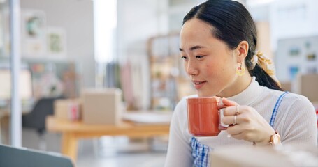 Poster - Ecommerce, Asian woman at laptop with coffee and boxes, checking sales email or work at fashion startup. Online shopping, distribution and small business owner with drink, computer and review at desk