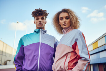 Sticker - Young duo dressed in vibrant multi-colored jackets pose outdoors