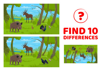 Poster - Find ten differences of cartoon forest animals, vector puzzle worksheet. Kids quiz game to find ten differences of elk or moose, wild boar and forest blackcock grouse with rabbit, partridge and ducks