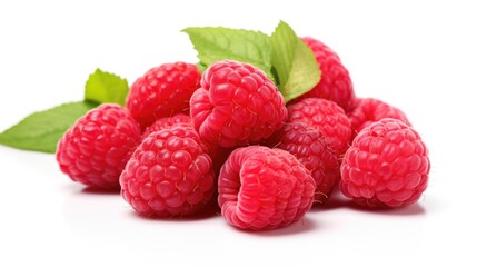 Sticker - A pile of raspberries with leaves on a white surface