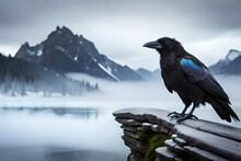 Crow On The Mountains Covered With Snow