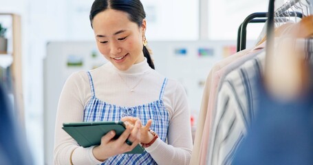 Poster - Fashion, small business and Asian woman with a tablet, store and retail with ecommerce, connection and search internet. Person, shop assistant and worker with technology, boutique and online shopping