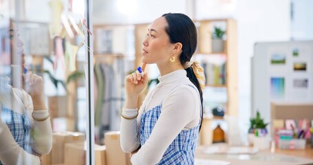 Poster - Thinking, brainstorming board and Asian woman, designer and retail expert planning strategy, objectives and reading research. Creativity, moodboard and Chinese employee working on office plan