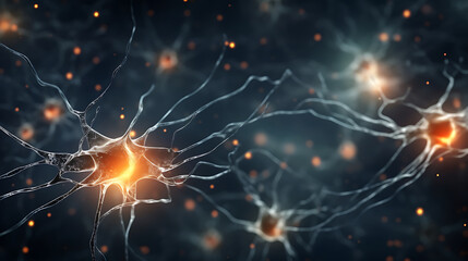 Wall Mural - Neuron cells neural network under microscope neuro research science brain signal information transfer human neurology mind mental impulse biology anatomy microbiology intelligence connection system