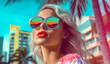 Woman in colorful sunglasses, summer retro fashion. Model with city palm, sun and blue sky in background, in the style of miami beach. Fashwave with vibrant colors.