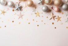 An Assortment Of Gold And Silver Stars Scattered On A White Surface, With Paper Ornaments And A Hint Of Festive Sparkle