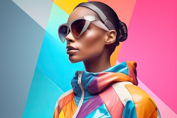 Sticker - Close-up of a woman in stylish sunglasses and a colorful jacket against a tri-colored backdrop