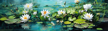 White Water Lilies On The Surface Of The Lake. Illustration On The Theme Of Nature And Climate, Vegetation And Ecology. Generative AI