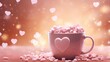 pink cup with hot chocolate and mini marshmallows, heart bokeh
