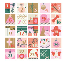Christmas advent calendar with simple flat illustrations, numbers. Cute pinky retro winter vector elements for funny tradition