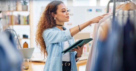 Aufkleber - Fashion, employee and woman with a tablet, store and inventory with ecommerce, connection and typing. Person, shop assistant and worker with technology, small business and online shopping with retail