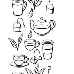 Pattern with tea items. Background with tea and accessories, packs and kettles.