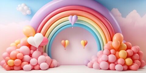 Wall Mural - Generative AI, rainbow and colorful balloons. Birthday party 3d background. Mockup, template for greetiing card	
