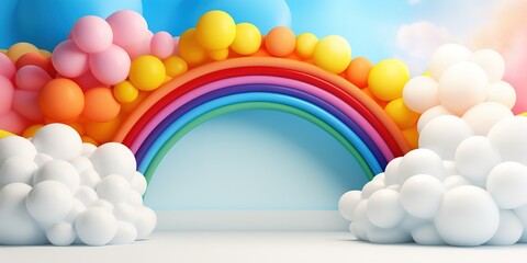 Wall Mural - Generative AI, rainbow and colorful balloons. Birthday party 3d background. Mockup, template for greetiing card	
