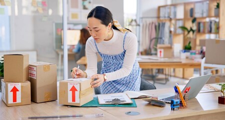 Poster - Ecommerce, Asian woman with checklist and boxes at laptop, reading sales or inventory at fashion startup. Online shopping, delivery and small business owner, stock list for web shop package checking.