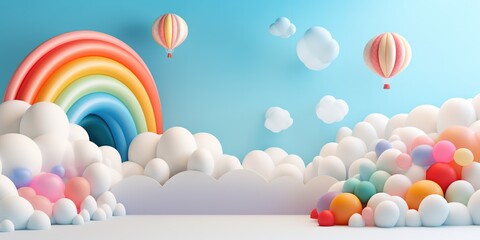 Wall Mural - Generative AI, rainbow and colorful balloons. Birthday party 3d background. Mockup, template for greetiing card	
