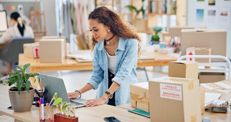 Poster - Woman, boxes and laptop for logistics, e commerce and stock management, online shop and stock management. Startup, small business owner or designer with package inventory, computer and website order