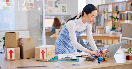 Sticker - Ecommerce, Asian woman with checklist and boxes at laptop, reading sales or inventory at fashion startup. Online shopping, delivery and small business owner, stock list for web shop package checking.