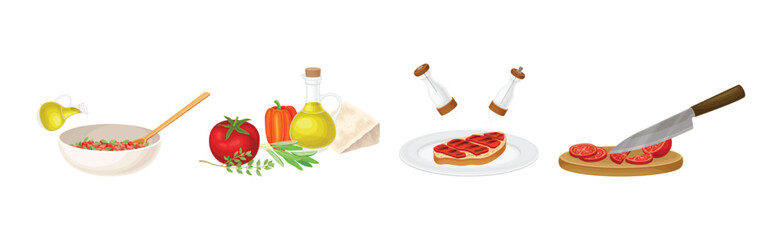 Wall Mural - Bruschetta Appetizer Cooking and Preparation Process Vector Set