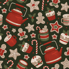 Christmas seamless pattern. Hygge time. Gingerbread cookies, Christmas dessers and drinks. Perfect for wrapping paper, packaging design, seasonal home textile, greeting cards and other printed goods