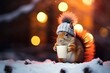 canvas print picture - Eichhörnchen mit Kakao und Mütze im Schnee zu Weihnachten. Punsch trinken zur Weihnachtszeit. Tiere mit Mütze im Winter am Weihnachtsmarkt.