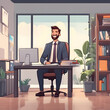 © Ano - Fröhlicher zufriedener Business Mann am Arbeiten mit dem Computer .KI Generated