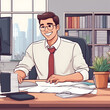 © Ano - Fröhlicher zufriedener Business Mann am Arbeiten mit dem Computer .KI Generated