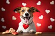 cute one dog jack Russell on the red background with a cookies heart. valentine's day concept. birthday card