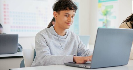 Aufkleber - Man, student and laptop for school, elearning and studying or research in college or class. Teenager typing on computer for planning, classroom information and scholarship application or online FAQ