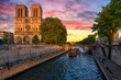Sunset view of Cathedral Notre Dame de Paris, island Cite and river Seine in Paris, France. Cityscape of Paris. Architecture and landmarks of Paris