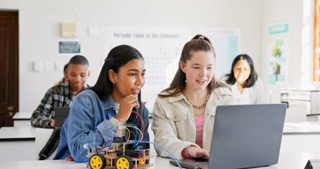 Aufkleber - Robotics, education and children with laptop at school learning coding, robot or car toy. Girl students in classroom for technology, electronics or science for development, innovation or teamwork