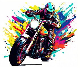 Wall Mural -  a man riding a motorcycle with colorful paint splatters.  generative ai